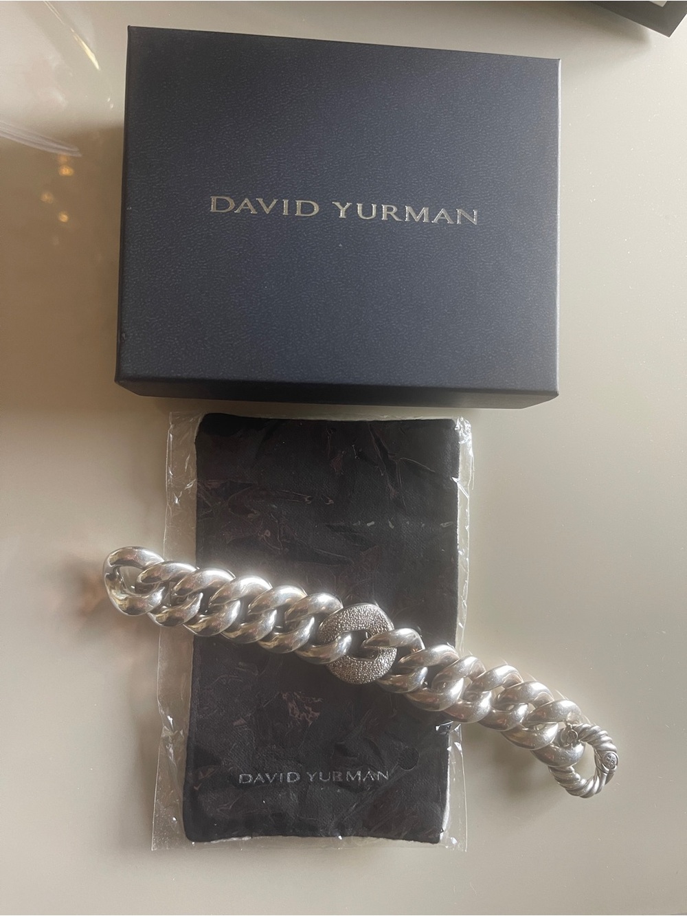 David Yurman Silver Polished Curb Link Bracelet with Pave Diamonds